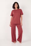 Yumuşak Dokulu Bisiklet Yaka Lastikli Bel Kısa Kollu Kadın Pijama Takımı 65720102 KİREMİT