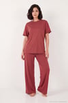 Yumuşak Dokulu Bisiklet Yaka Lastikli Bel Kısa Kollu Kadın Pijama Takımı 65720102 KİREMİT
