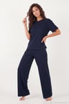 Yumuşak Dokulu Bisiklet Yaka Lastikli Bel Kısa Kollu Kadın Pijama Takımı 65720102 LACİVERT