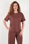 Yumuşak Dokulu Bisiklet Yaka Lastikli Bel Kısa Kollu Kadın Pijama Takımı 65720102 KOYU KAHVE