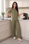Yumuşak Dokulu Bisiklet Yaka Lastikli Bel Kısa Kollu Kadın Pijama Takımı 65720102 HAKİ