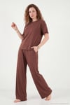 Yumuşak Dokulu Bisiklet Yaka Lastikli Bel Kısa Kollu Kadın Pijama Takımı 65720102 KOYU KAHVE
