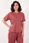Yumuşak Dokulu Bisiklet Yaka Lastikli Bel Kısa Kollu Kadın Pijama Takımı 65720102 KİREMİT