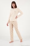Yumuşak Dokulu Desenli Uzun Kollu Kadın Pijama Takımı 6575018 KREM
