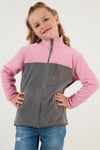 Yumuşak Dokulu Fermuarlı Renk Bloklu Dik Yaka Cepli Hırka Unisex Çocuk Polar 5905001 Şeker Pembe-Gri