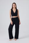 Yumuşak Dokulu Sırtı Bağlamalı Dantelli Crop Kadın Pijama Takımı 6575015 SİYAH