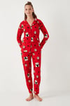 Yumuşak Dokulu Standart Fit Ayıcık Desenli Uzun Kollu Rahat Kadın Pijama Takımı 60956602 KIRMIZI