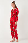 Yumuşak Dokulu Standart Fit Ayıcık Desenli Uzun Kollu Rahat Kadın Pijama Takımı 60956602 KIRMIZI