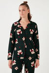Yumuşak Dokulu Standart Fit Ayıcık Desenli Uzun Kollu Rahat Kadın Pijama Takımı 60956602 YEŞİL