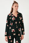 Yumuşak Dokulu Standart Fit Ayıcık Desenli Uzun Kollu Rahat Kadın Pijama Takımı 60956602 YEŞİL