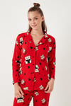 Yumuşak Dokulu Standart Fit Ayıcık Desenli Uzun Kollu Rahat Kadın Pijama Takımı 60956602 KIRMIZI