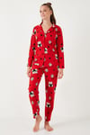 Yumuşak Dokulu Standart Fit Ayıcık Desenli Uzun Kollu Rahat Kadın Pijama Takımı 60956602 KIRMIZI