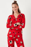 Yumuşak Dokulu Standart Fit Ayıcık Desenli Uzun Kollu Rahat Kadın Pijama Takımı 60956602 KIRMIZI
