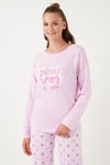 Yumuşak Dokulu Standart Fit Bisiklet Yaka Desenli Kışlık Rahat Kadın Pijama Takımı 6095700 AÇIK PEMBE