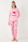 Yumuşak Dokulu Standart Fit Bisiklet Yaka Desenli Kışlık Rahat Kadın Pijama Takımı 6095700 PEMBE