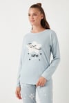 Yumuşak Dokulu Standart Fit Bisiklet Yaka Desenli Kışlık Rahat Kadın Pijama Takımı 6095700 AÇIK GRİ