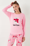 Yumuşak Dokulu Standart Fit Bisiklet Yaka Desenli Kışlık Rahat Kadın Pijama Takımı 6095700 PEMBE
