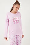 Yumuşak Dokulu Standart Fit Bisiklet Yaka Desenli Kışlık Rahat Kadın Pijama Takımı 6095700 AÇIK PEMBE