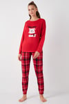 Yumuşak Dokulu Standart Fit Bisiklet Yaka Desenli Kışlık Rahat Kadın Pijama Takımı 6095700 KIRMIZI