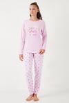Yumuşak Dokulu Standart Fit Bisiklet Yaka Desenli Kışlık Rahat Kadın Pijama Takımı 6095700 AÇIK PEMBE
