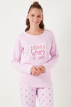 Yumuşak Dokulu Standart Fit Bisiklet Yaka Desenli Kışlık Rahat Kadın Pijama Takımı 6095700 AÇIK PEMBE