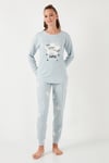 Yumuşak Dokulu Standart Fit Bisiklet Yaka Desenli Kışlık Rahat Kadın Pijama Takımı 6095700 AÇIK GRİ