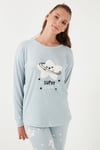 Yumuşak Dokulu Standart Fit Bisiklet Yaka Desenli Kışlık Rahat Kadın Pijama Takımı 6095700 AÇIK GRİ