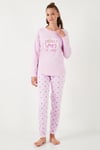 Yumuşak Dokulu Standart Fit Bisiklet Yaka Desenli Kışlık Rahat Kadın Pijama Takımı 6095700 AÇIK PEMBE