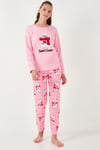 Yumuşak Dokulu Standart Fit Bisiklet Yaka Desenli Kışlık Rahat Kadın Pijama Takımı 6095700 PEMBE