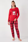 Yumuşak Dokulu Standart Fit Bisiklet Yaka Desenli Kışlık Rahat Kadın Pijama Takımı 6095700 KIRMIZI