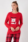 Yumuşak Dokulu Standart Fit Bisiklet Yaka Desenli Kışlık Rahat Kadın Pijama Takımı 6095700 KIRMIZI