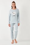 Yumuşak Dokulu Standart Fit Bisiklet Yaka Desenli Kışlık Rahat Kadın Pijama Takımı 6095700 AÇIK GRİ