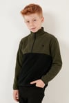 Yumuşak Dokulu Yarım Fermuarlı Renk Bloklu Dik Yaka Unisex Çocuk Polar 5905004 HAKİ-SİYAH