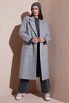 Yün Karışımlı Oversize Kruvaze Yaka Yırtmaçlı Uzun Kaşe Kadın Kaban 6810235 GRİ