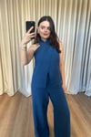 Boyundan Bağlamalı Sırt Detaylı Keten Tilda Bluz Takım