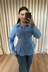 Mavi Belden Oturtmalı Poplin Gömlek