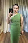 Tek Omuz Drapeli Midi Yeşil Elbise
