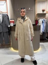 Tesettür uzun trençkot kapşonlu krem