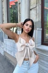 TAŞ DETAYLI FİYONKLU KADIN SATEN CROP BÜSTİYER