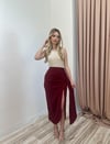 DRAPELİ YIRTMAÇLI KUŞAKLI ETEK BORDO