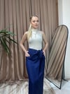 YANDAN BAĞLAMALI YIRTMAÇLI KETEN ETEK - LACİVERT