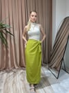 YANDAN BAĞLAMALI YIRTMAÇLI KETEN ETEK - YAĞ YEŞİLİ
