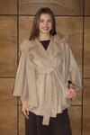 Yün Kaşe Kumaş Kürk Kapşonlu Panço Camel