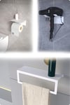 Metal 3'lü Set – Tuvalet Kağıtlık, Havlu Askısı ve Fön Makinesi Tutucu | Modern Banyo Düzenleyici