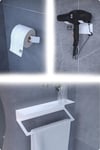 Metal 3'lü Set – Tuvalet Kağıtlık, Havlu Askısı ve Fön Makinesi Tutucu | Modern Banyo Düzenleyici