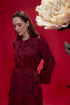 Bordo Amelie Gül İşlemeli Kimono Abaya
