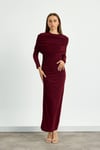 Bordo Omuz Detaylı Drape Elbise