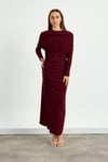 Bordo Omuz Detaylı Drape Elbise