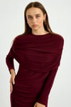 Bordo Omuz Detaylı Drape Elbise