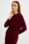 Bordo Omuz Detaylı Drape Elbise